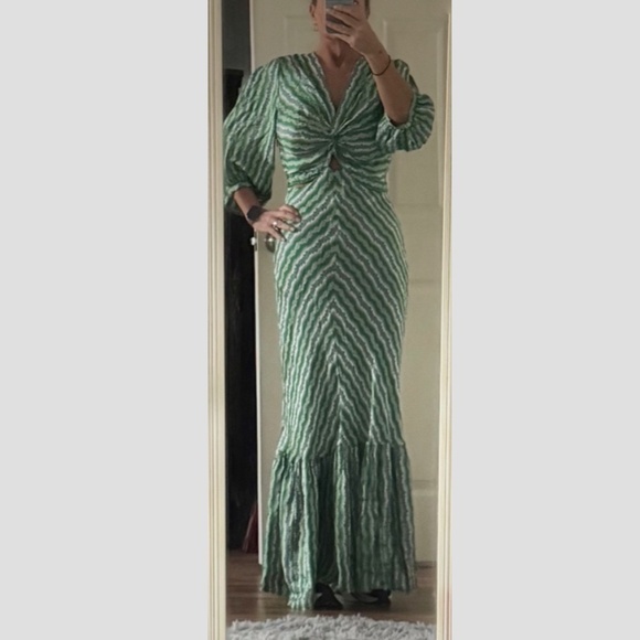 Sandro Agnetta Maxi Dress Cut Out Details 3/4 Sleeve Green Viscose Bias Cut - Picture 15 of 16